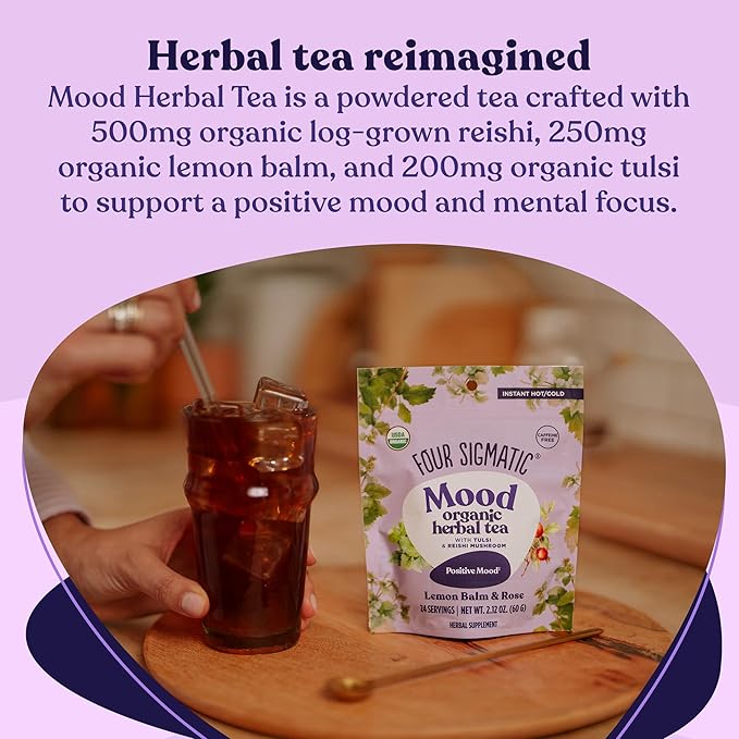 Four Sigmatic Mood Organic Herbal Tea | Enhance Emotional Well-Being with Tulsi & Reishi Tea | Calming Lemon Balm Tea w/Adaptogens | Vegan, Gluten-Free | Lemon Balm & Rose, 24 Servings