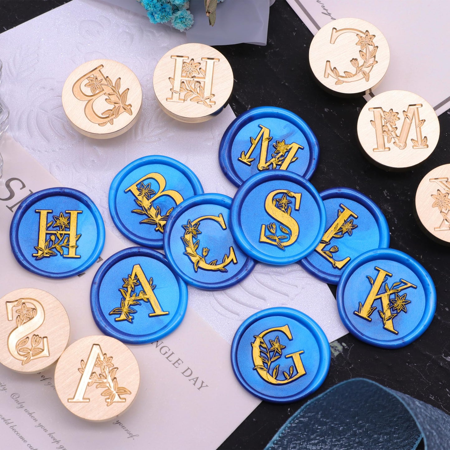SWANGSA Initial Alphabet M Wax Seal Stamp Kit, Elegant Botanical Flower Floral Letter Sealing Stamp with 200pcs Sealing Wax Beads Kit (M)