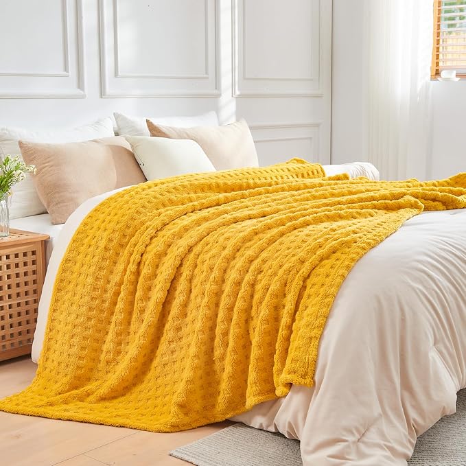 NEWCOSPLAY Super Soft Queen Blanket Yellow Premium Silky Flannel Fleece 3D Waffle Checkered Lightweight Bed Blanket All Season Use (Mustard Yellow, Queen(90"x90"))