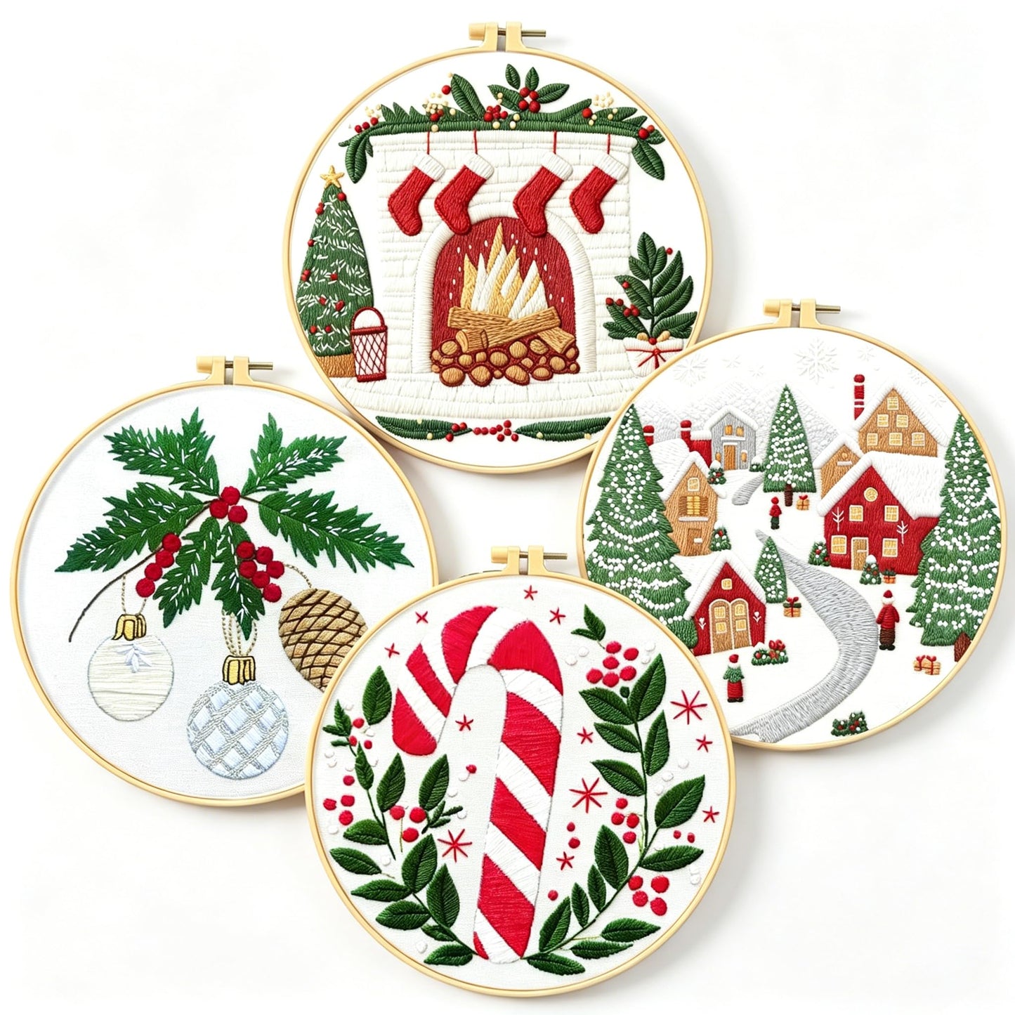 Zhenqing Christmas Embroidery Kit for Beginners - 4 Piece 29x29cm Round Designs with Embroidery Hoop, Threads & Tools (Snowy Cabin, Fireplace, Candy Cane, Holly)(C0066)