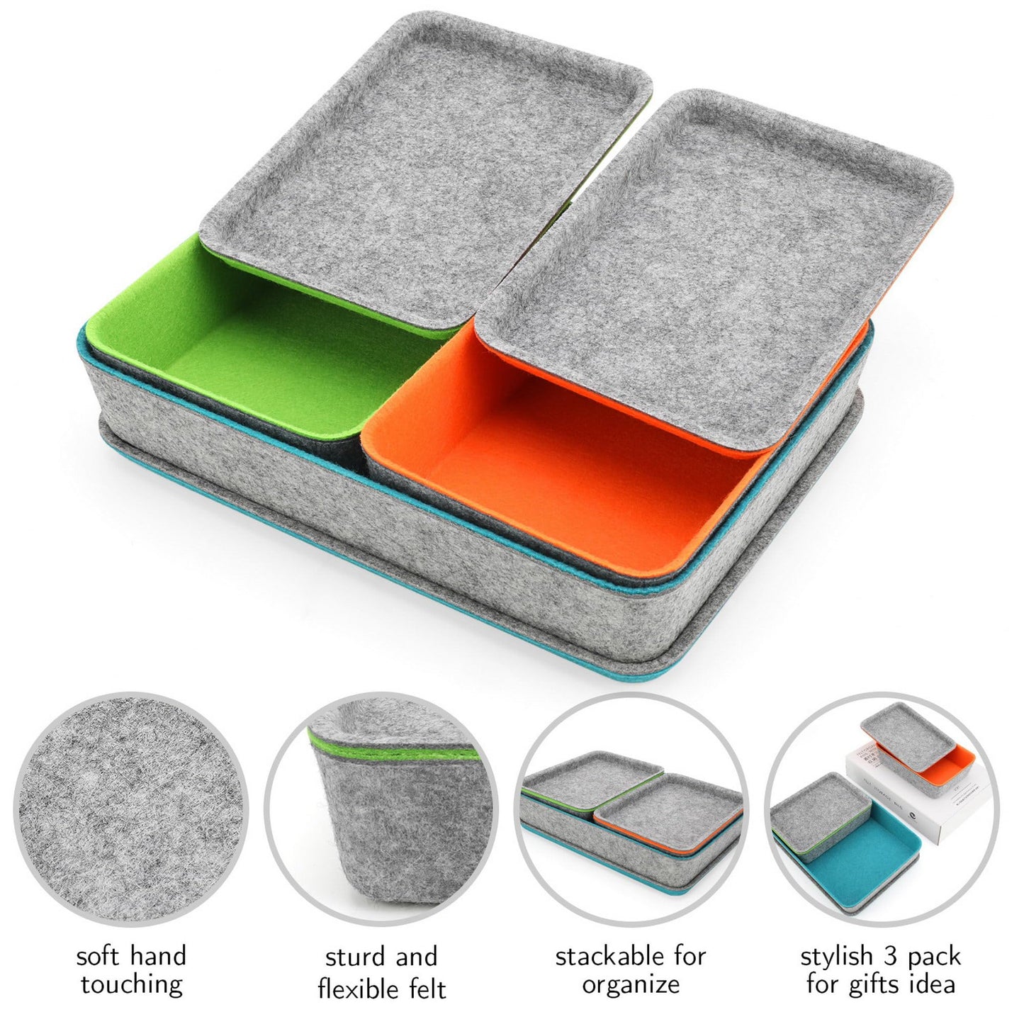 Welaxy stackable Lidded drawer organizer bins home office work desktop storage box with lid for junk makeup stationery decluttering sorting 3-pack gift idea (Orange + Green + Turquoise)
