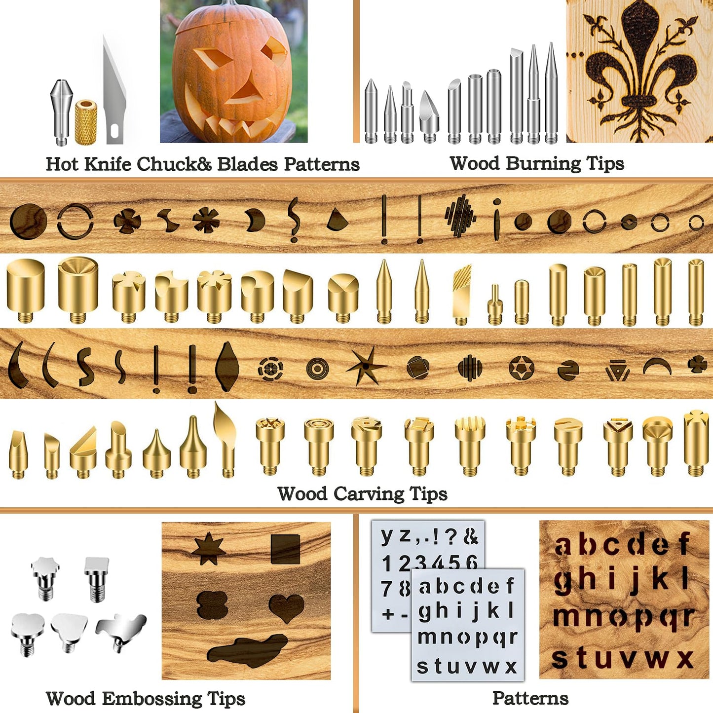 62Pcs Wood Burning Tips, Professional Wood Burning Pen Tips and Alphabet Number Stencils Set, Perfect Wood Burning Embossing Carving DIY Crafts Tool for Adults Beginners