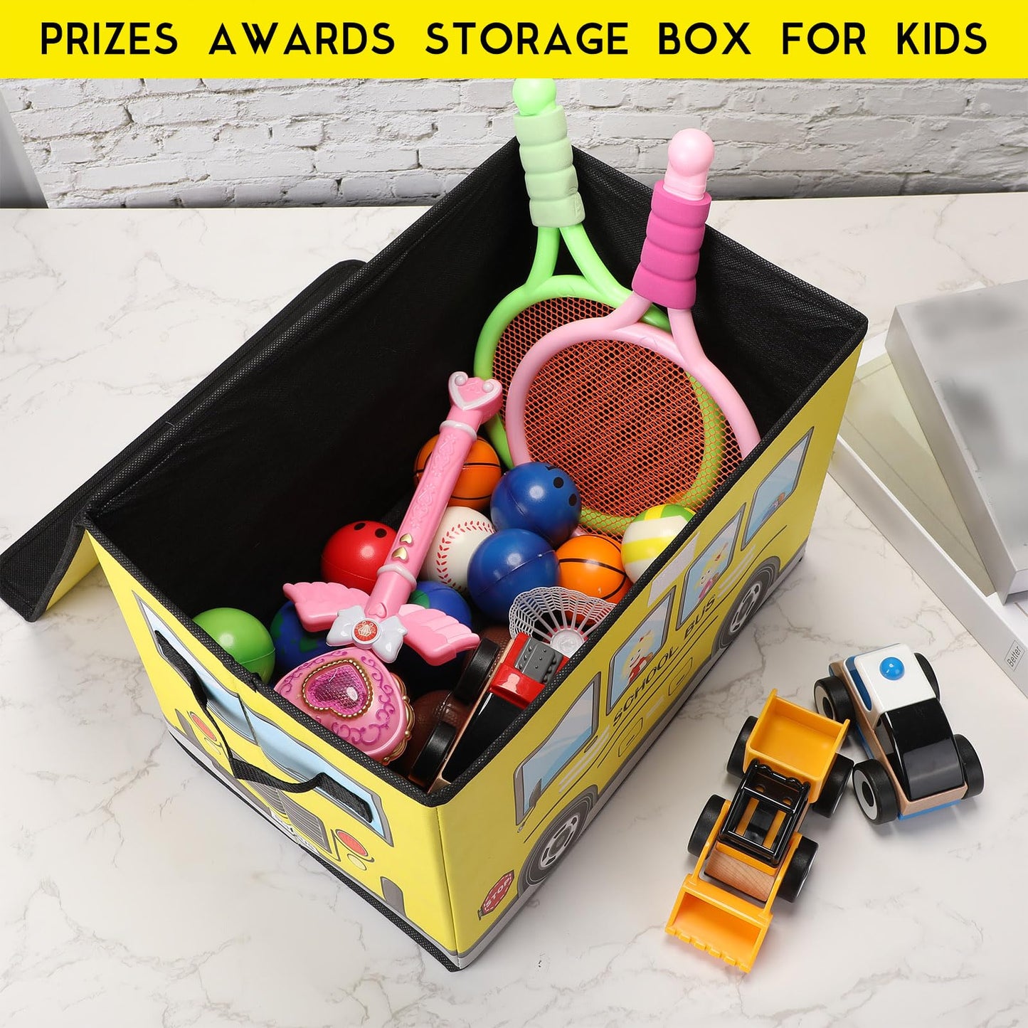 Sweetude 2 Pcs School Bus Treasure Box for Classroom, Foldable Chest Storage Toy Box Chest with Lid Treasure Storage Organizer Bin for Kids Teachers Toy Prizes Awards for Students(Yellow)