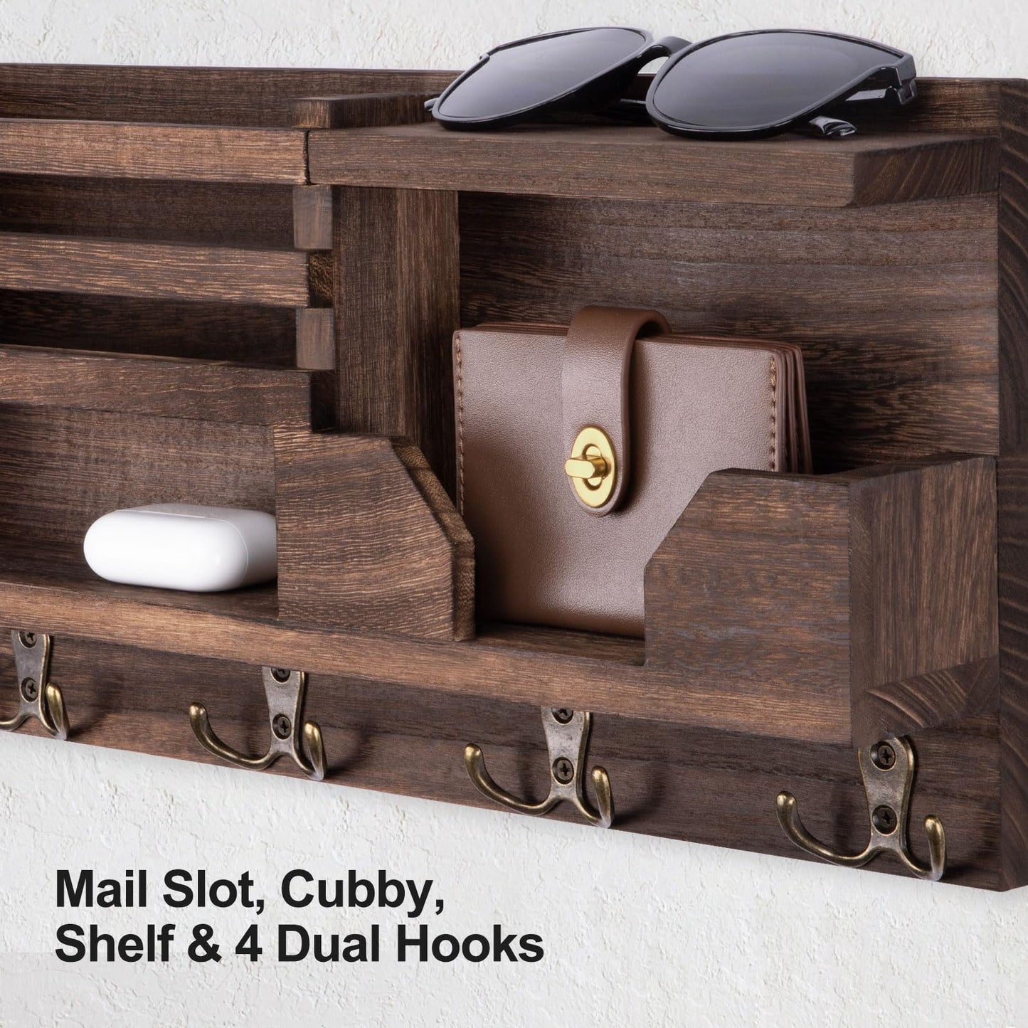 Lwenki Mail and Key Holder for Wall – Decorative 15.9” x 8.7” x 3.2” Entryway Organizer with Shelf – Paulownia Wood with 4 Dual Hooks Includes Mounting Hardware and Installation Guide