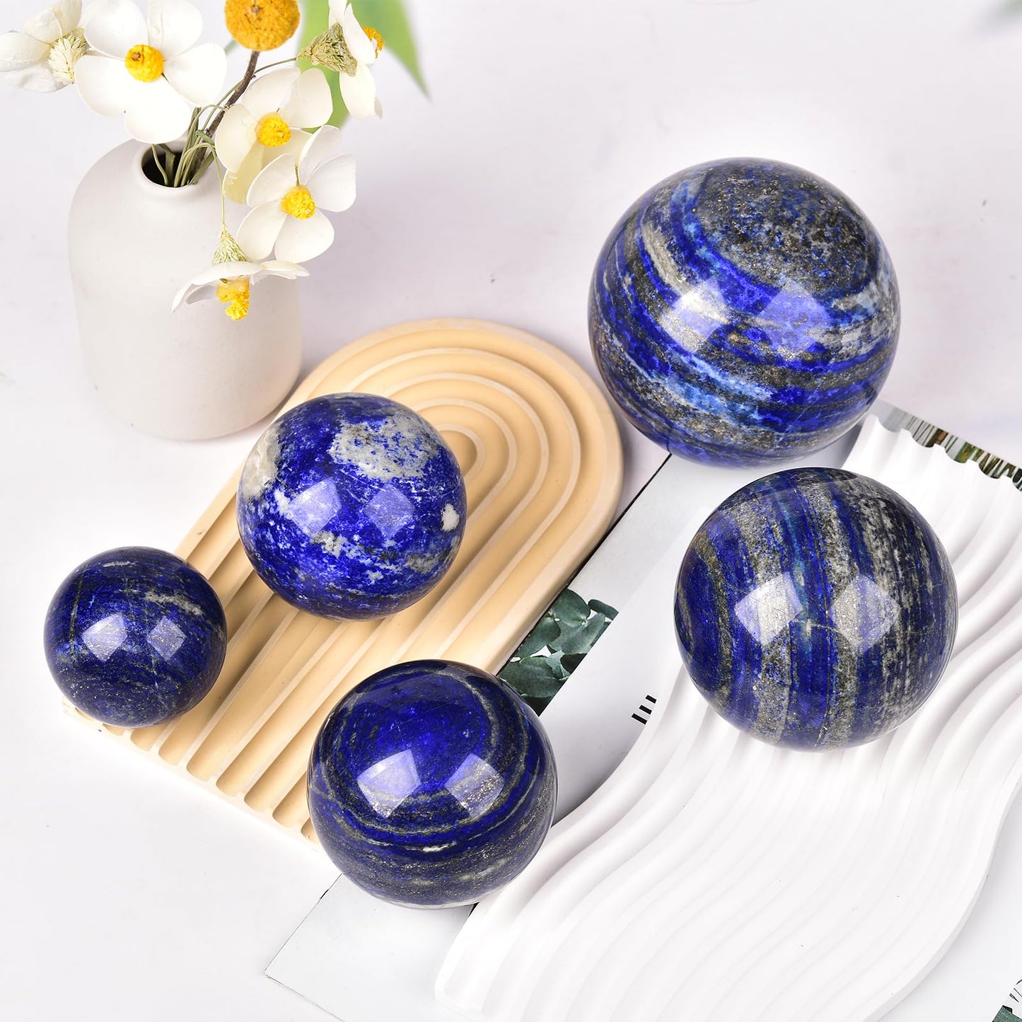 JIC Gem Lapis Lazuli Crystal Sphere with Wooden Stand,Decorative Crystal Ball Blues Gemstone Sphere for Meditation,Feng Shui,Witch-Style Decor,Office Table 70-80mm