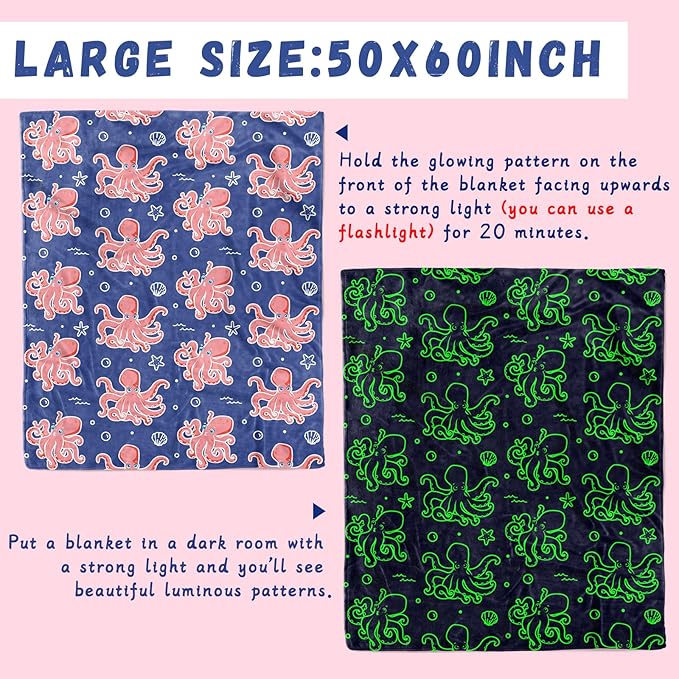 Octopus Blanket Glow in The Dark Ocean Blanket Soft Pink Octopus Gifts Toys Decor Blue Fleece Kids Throw for Boys Girls Teens Birthday