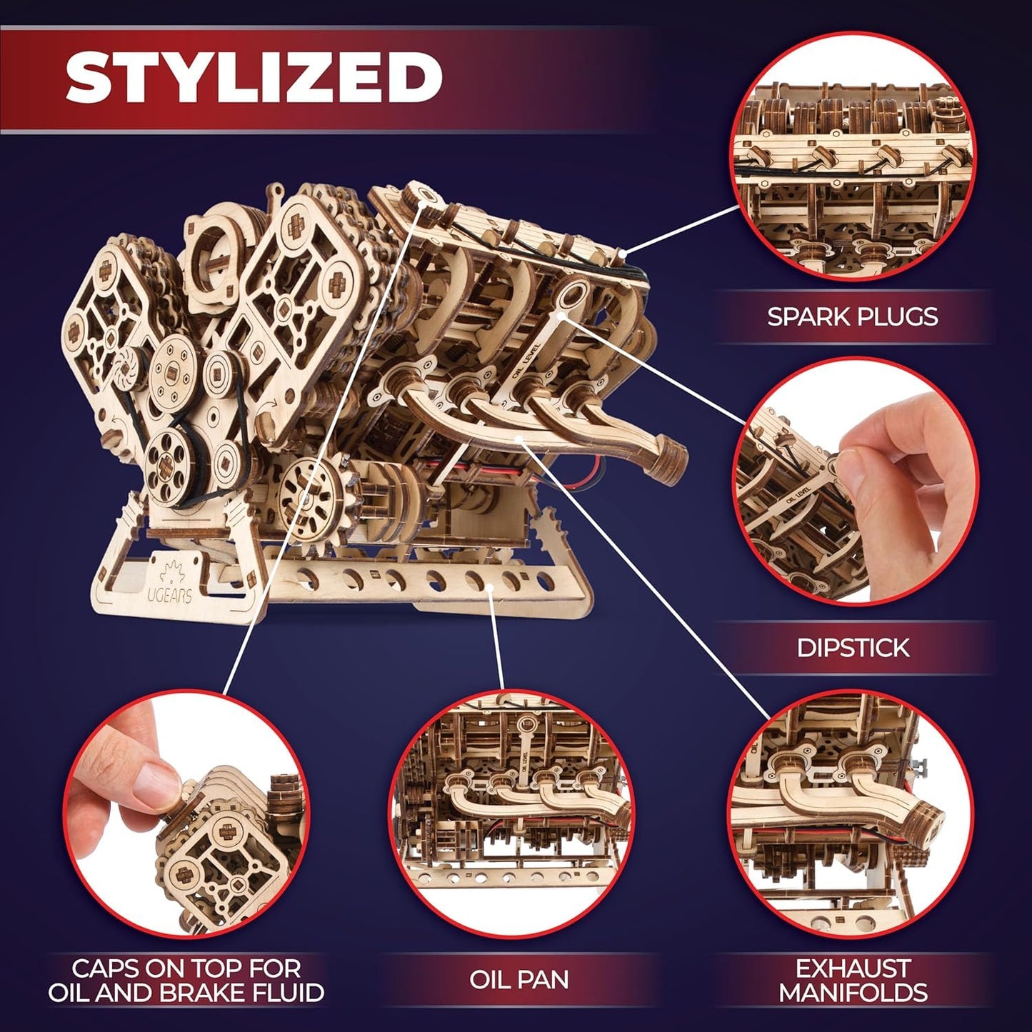 UGEARS V8 Engine Model Kit - 3D Wooden Puzzles for Adults, 3D Puzzle Model Engine Kit, DIY Kits Gifts for Engineers for Christmas, Wooden Model Kits for Adults to Build, Brain Teaser Hobby Set