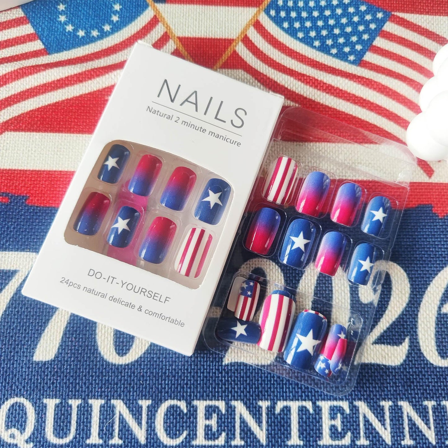 American Flag Fake Nails 24 Pcs Independence Day Acrylic False Nail 4th of July Press on Nails Glossy Red Gradient Glue on Artificial Fingernails HZJXRT Medium Square Stick on Nail for Women Gift