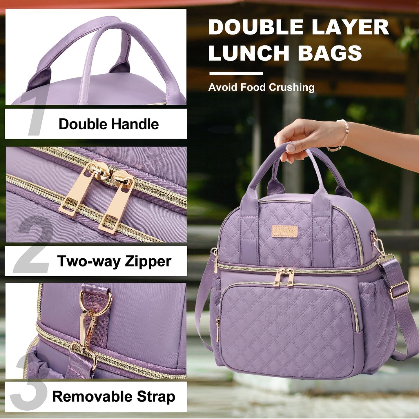 AIJIEKE Large Insulated Lunch Bag for Women, Double Compartment Leakproof Lunch Box for Work Office, Reusable Cooler Tote with Adjustable Strap & Side Pockets for Adults Picnic Beach, Purple