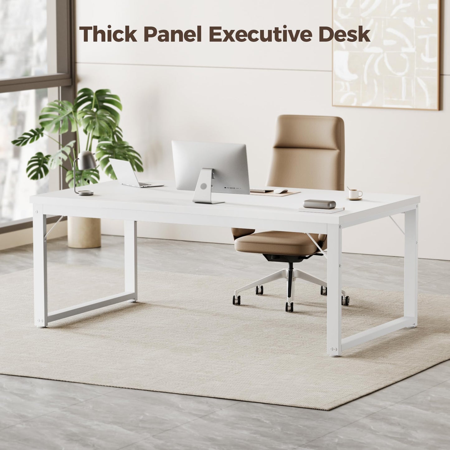 Mericonia 48 Inch Computer Desk, 1" Thick Heavy Duty Industrial Office Desk, Modern Simple Study Writing Table for Home Office Bedroom Workstation, White
