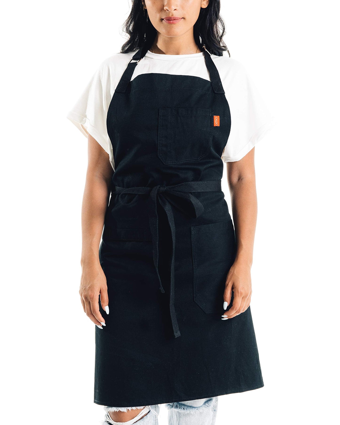 Caldo Daily Cotton Kitchen Apron for Cooking- Mens and Womens Professional Chef or Server Bib Apron - Adjustable Straps with Pockets and Towel Loop (Black)