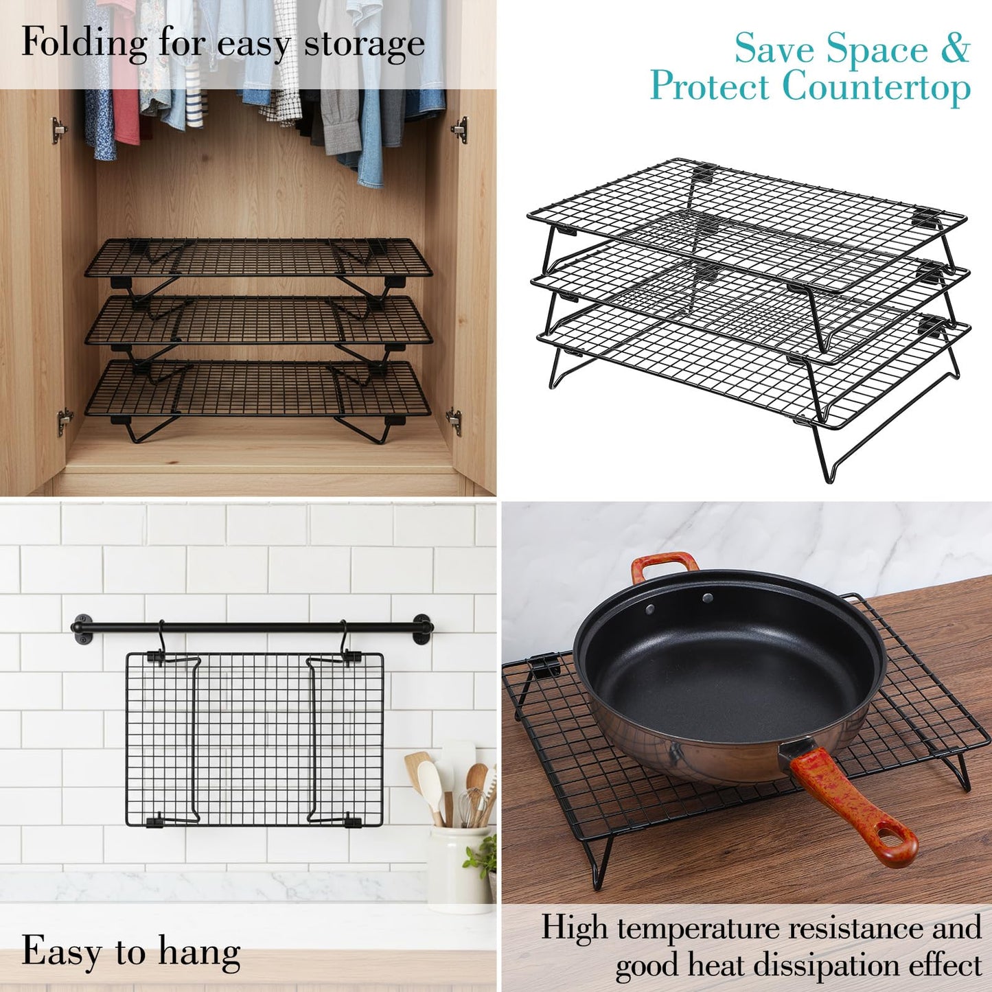 Kifmurase 3PCS Stackable Cooling Rack for Baking, 13.3 x 9.3 Inch Carbon Steel Wire Rack with Folding Legs for Cookie Cake Pizza Jerky, Multi-Use Bread Oven Racks for Cooking Roasting Drying Grilling