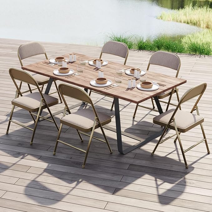 Nazhura 4 Pack Folding Chairs, Fabric Dining Chair Set with Padded Cushion and Back, Indoor Outdoo Seat for Home Office Events Wedding Party (Oatmeal Strip Fabric Seating)