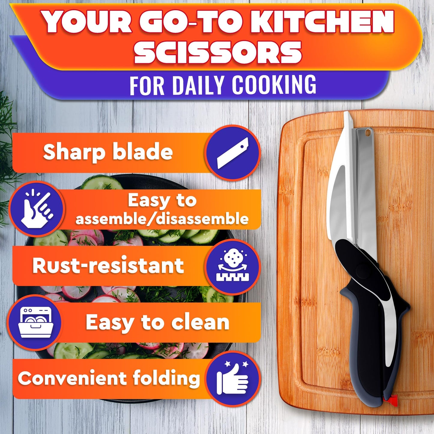 2 in 1 Kitchen Scissors for Food – Stainless Steel 9.5" Tomato Knife Chops Vegetables, Fruit, Cheese, Meat in Seconds | Dishwasher Safe Cutting Board Scissors with Safety Lock – Mess-Free Prep