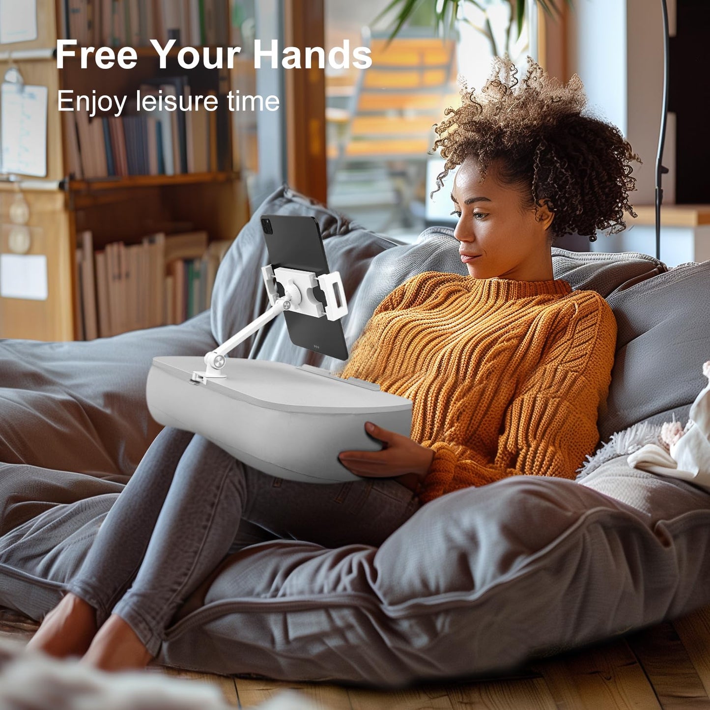 ERGONOV Lap Beanbag Cozy Pillow Stand for Bed with Adjustable Arm, 360° Tablet Holder, Fits 4.7"-13" Kindle, iPad, Phone, Laptop, Lap Desk for Hands Free Reading in Bed, Couch, Sofa(Light Gary)