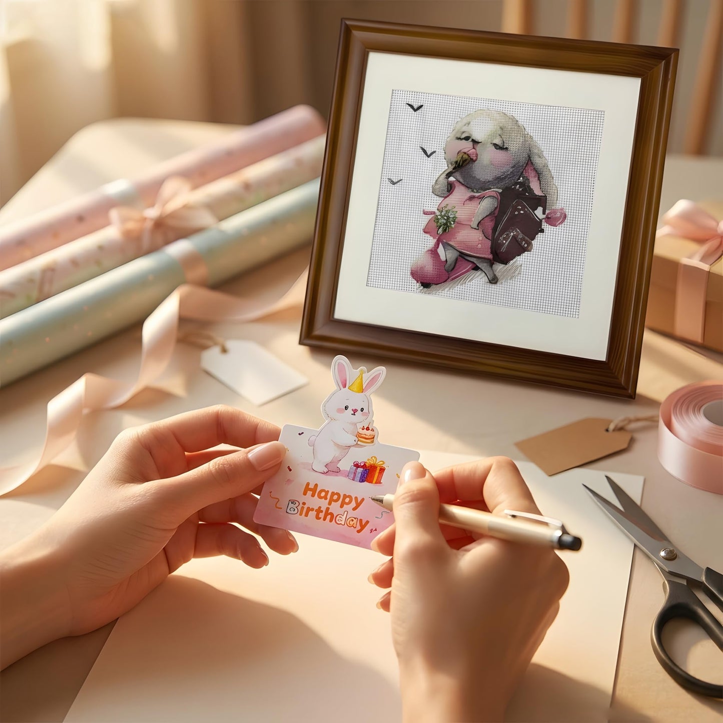 Handmade Cross Stitch Skateboarding Rabbit Wall Art with Solid Wood Frame with Envelope, Greeting Card, 10x10in Framed Pink Bunny Embroidered Nursery Decor, Funny Birthday Gifts for Children