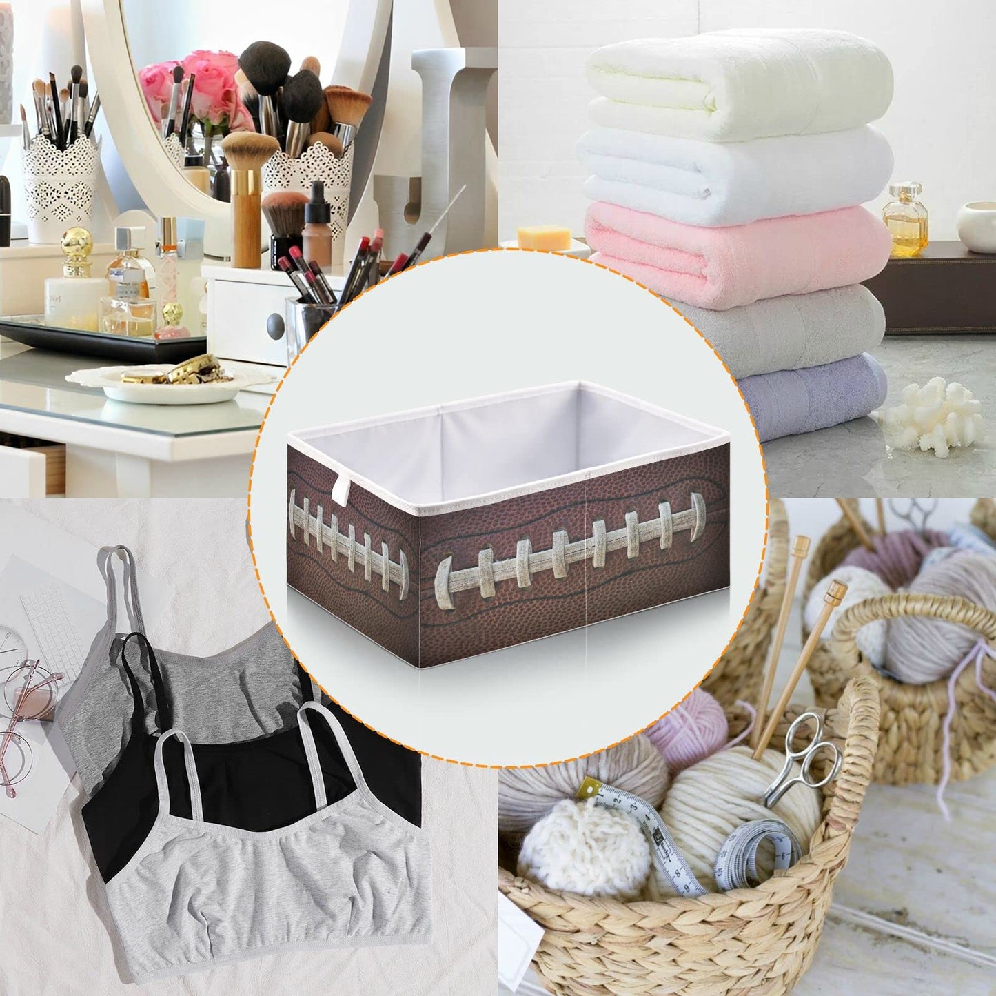 Ollabaky American Football Laces Foldable Fabric Storage Cube Basket Cloth Organizer Box with Handle for Closet Shelves, Nursery Toy Bin