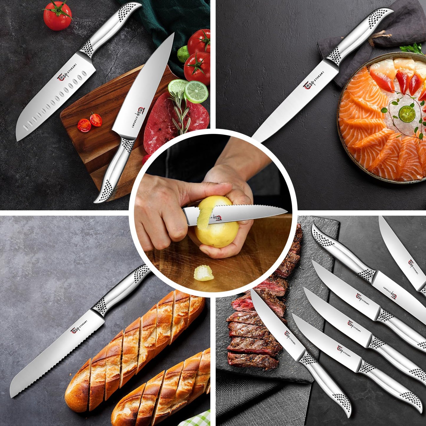 SYOKAMI Japanese Knives Set for Kitchen, Magnetic Knife Set with Block and Sharpener, Stainless Steel Knife Set as Gift for Couple, Wedding, Women or Mom with Gift Box, 14 PCS Black Dot