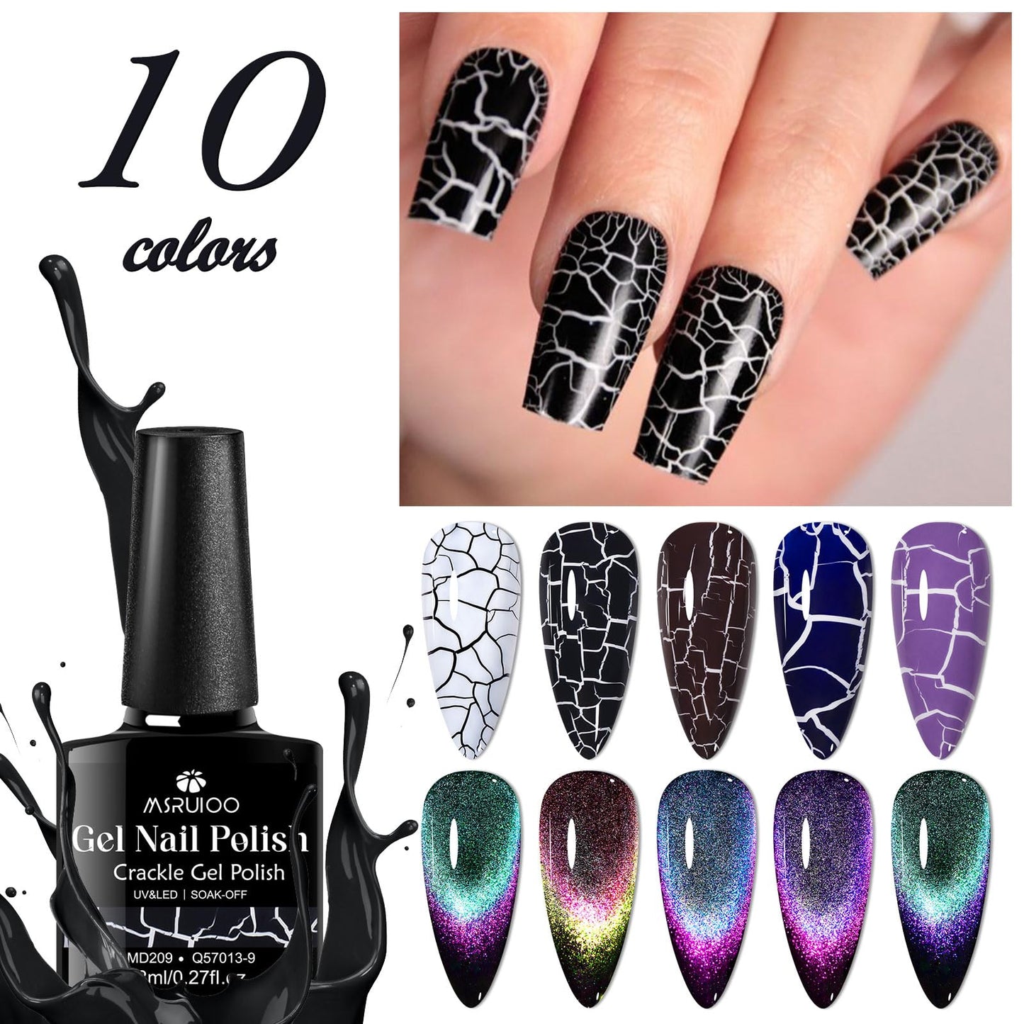 MSRUIOO 12PCS Crackle Gel Nail Polish + 9D Cat Eye Gel Polish Set Magic Black Crackle Nail Polish Magnetic Cat Eye Effect Manicure DIY Nail Art 10 Colors