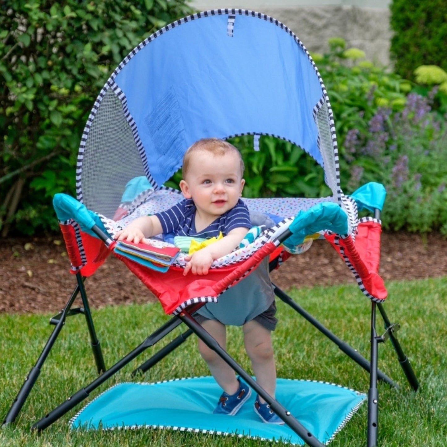 Bright Starts, Pop 'N Jump Portable Baby Activity Center, Indoor Outdoor Use, Lightweight, Carrying Bag, Canopy, 6-12 Months (Animals)