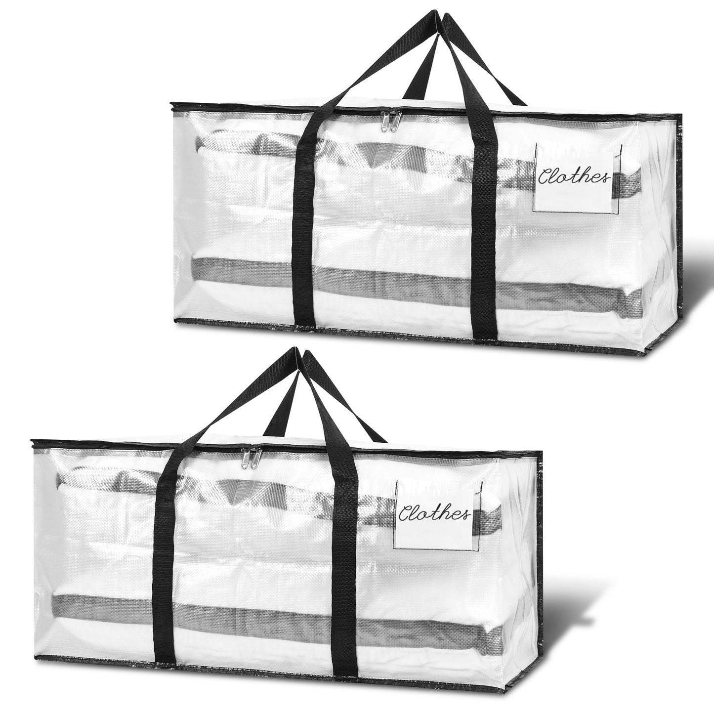 Uprimeasy Large Moving Bags, 2 Pack Heavy Duty Storage Bags with Wrap Handles & Zippers, Space Saving Storage Totes with Clear Window & Tag Pocket, Alternative to Moving Boxes (Clear)