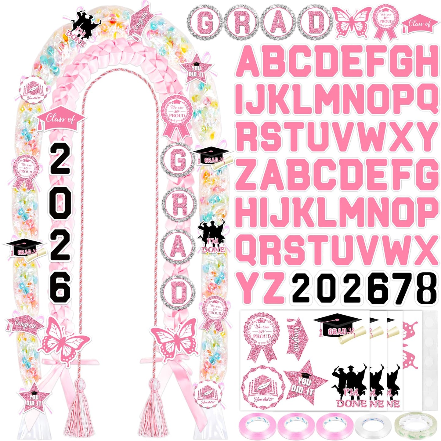 80UncleKimby Pink and White Graduation Decorations 2026 DIY Candy Leis Making Kit, Hawaiian Congrats Grad Lei Necklaces Party Supplies(Assembly Needed)
