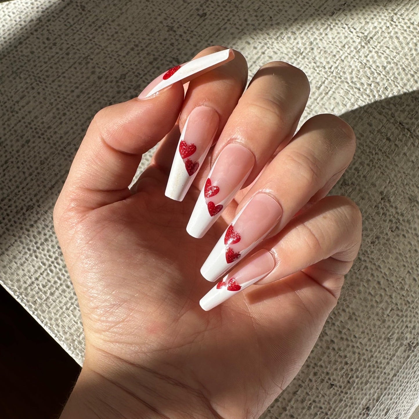 FRENCH LOVE Press-On Nails by Lavaa Beauty | Extra-Long Coffin Nails | French Tip with Small Red Hearts Valentine's Day Nails