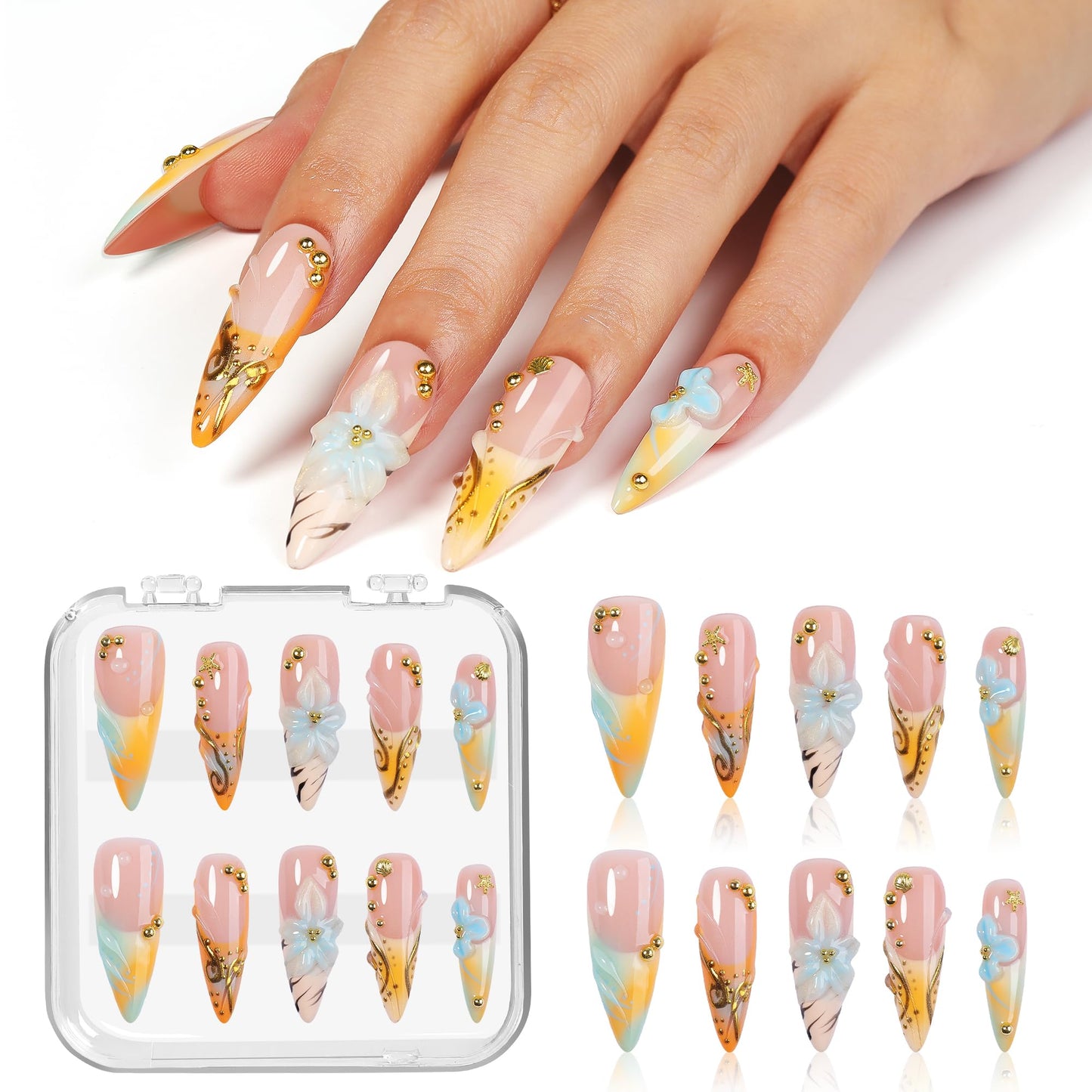 XGV Handmade Press on Nails Stiletto - Beach Vibes Summer French Tips 10Pcs Reusable Fake Nails Set for Women Manicure DIY Decoration Gift