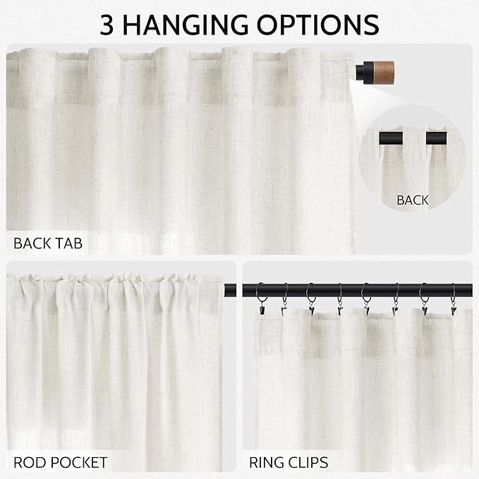 Nanspring Neutral Linen Curtains 72 Inches for Living Room Light Filtering Semi Sheer Curtains Coastal Modern Farmhouse Decor Drapes for Bedroom Office Back Tab and Rod Pocket 52x72, 2 Panels