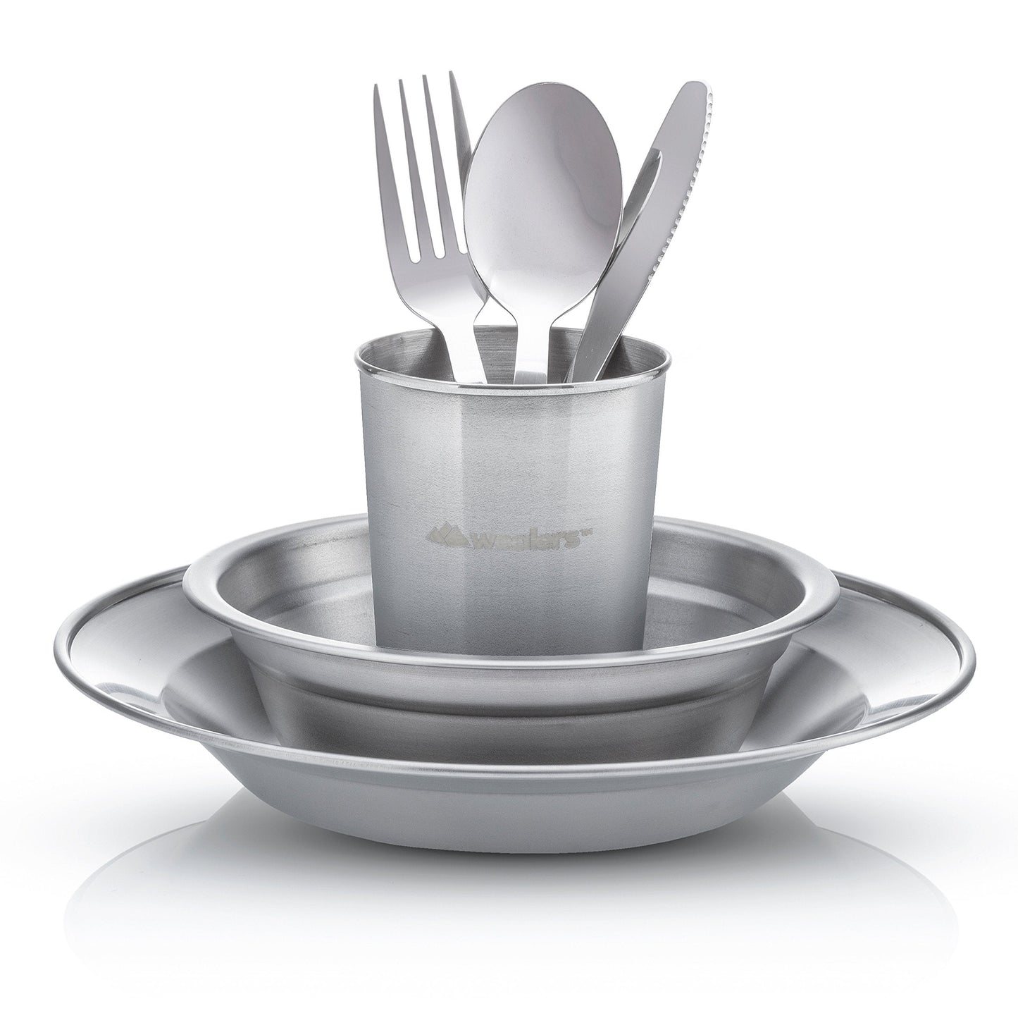 Wealers Unique Complete Messware Kit Polished Stainless Steel Dishes Set| Tableware| Dinnerware| Camping| Buffet| Includes - Cups | Plates| Bowls| Cutlery| Comes in Mesh Bags (2 Person Set Blue)