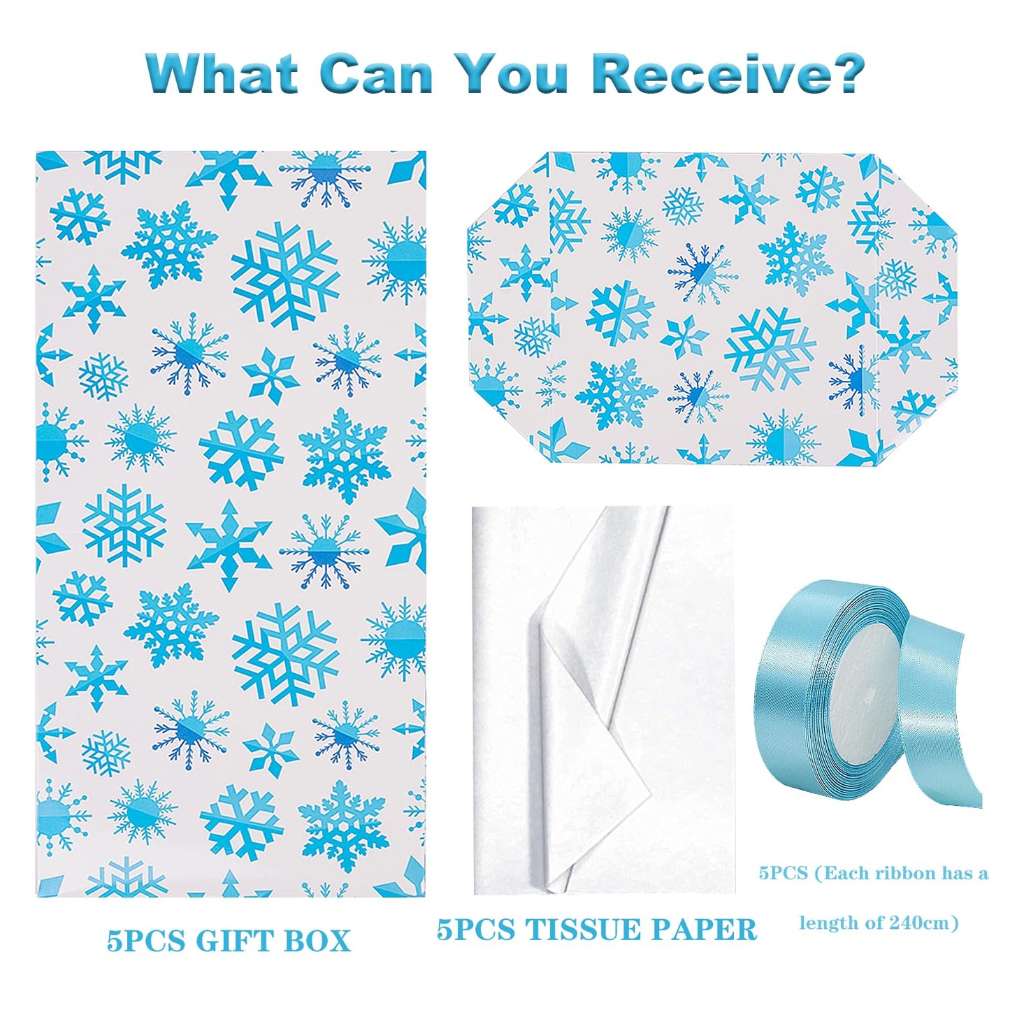 Jaywayang 5 Pack White Christmas Gift Boxes with Lids, Ribbons and Tissue Papers Square Gift Boxes - 7.1 Inch - Presents Wrapping Christmas Gift Holiday New Year Party Favor Boxes.