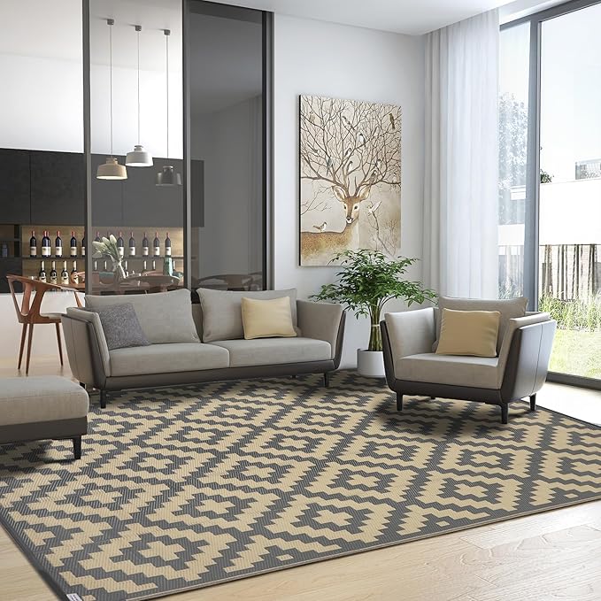 SAND MINE 6 x 9 Ft Reversible Mats, Plastic Straw Rug, Modern Area Rug, Large Floor Mat and Rug for Outdoors, RV, Patio, Backyard, Deck, Picnic, Beach, Trailer, Camping, Grey & Tan