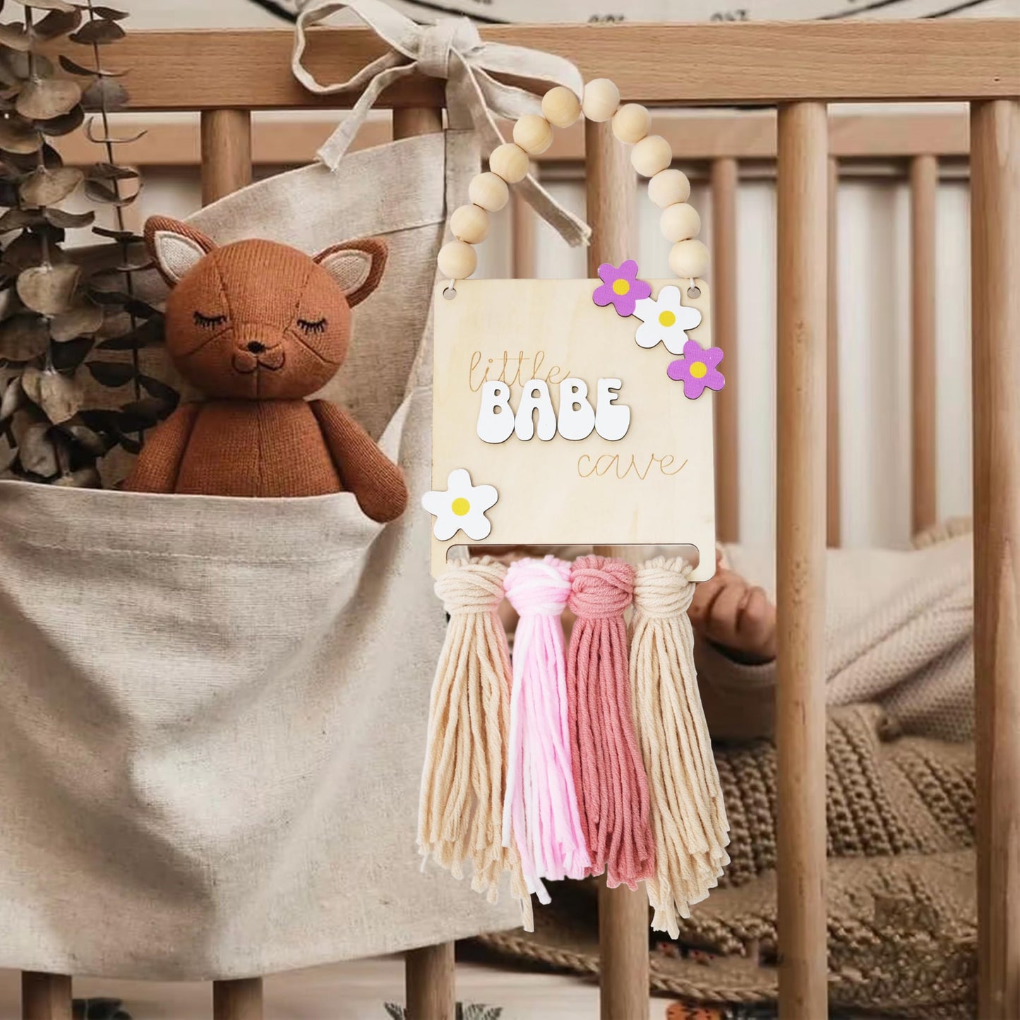 Little Babe Cave, Boho Style Wooden Bead Girls' Decor, Floral macrame Girls Sign, Daisy Sign - Nursery Decor