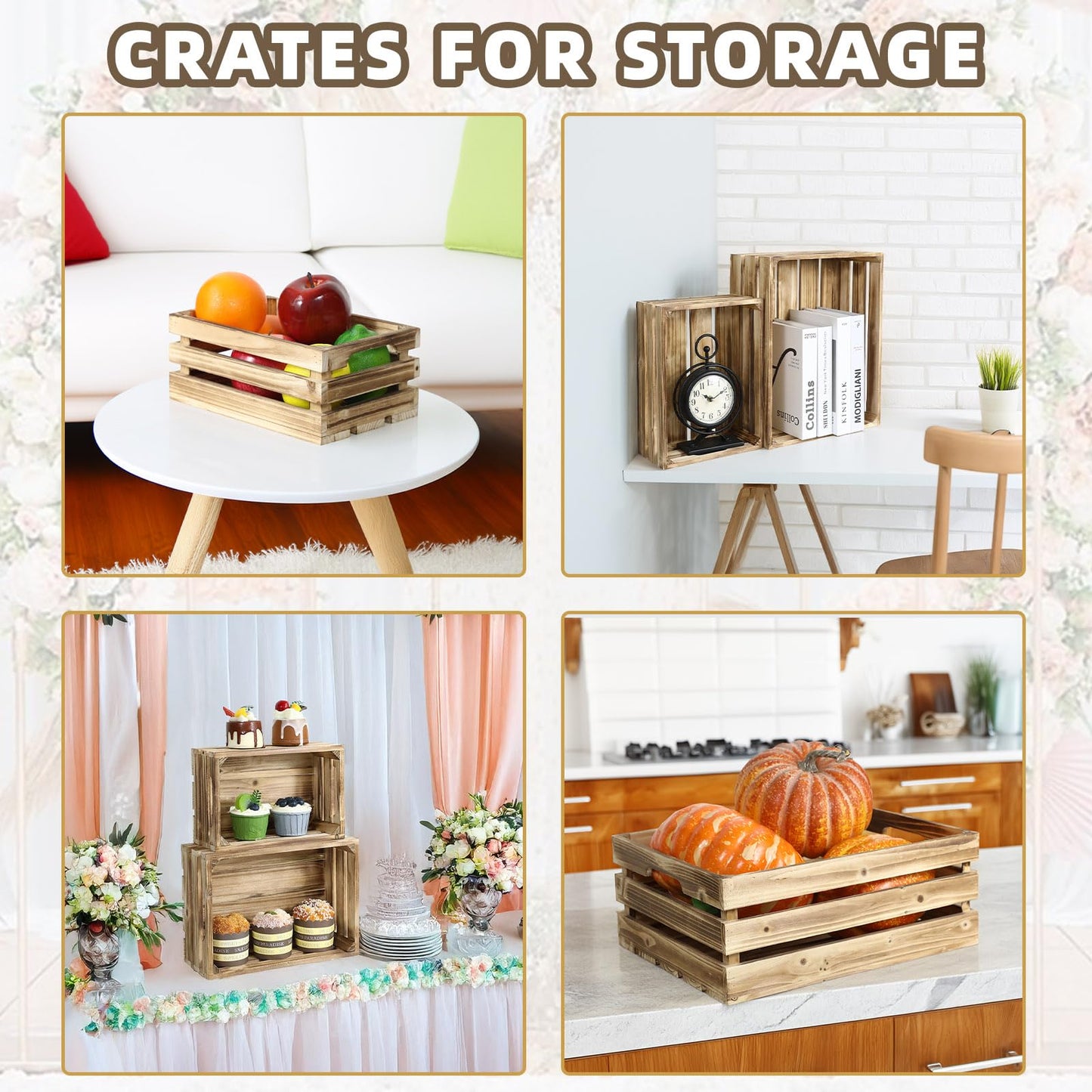 MACVAD 5-Piece Rustic Burnt Brown Wooden Crates Set, Wall Mountable Slatted Storage Crates with Handles, Farmhouse Wooden Crates for Display & Organizer for Home Decor