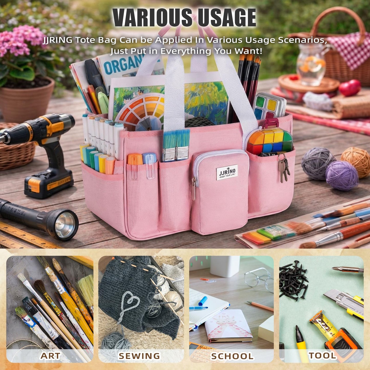 Jjring Craft Organizer Tote Bag, Portable Art Caddy with Adjustable Divider&Secure Zipper Pocket, Large Foldable Storage Tote for Scrapbooking, Sewing, Artist and Home(Pink)