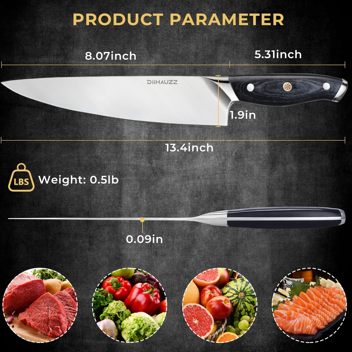 DiiHAUZZ Chef Knife, 8 Inch Ultra Sharp Kitchen Knife, Professional High Carbon Steel Chefs Knife with Full-Tang Ergonomic Handle for Kitchen, Gift Box for Mothers Day Gift