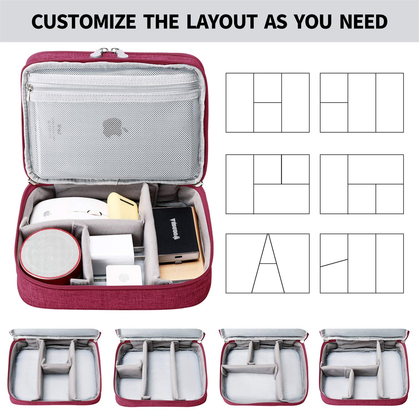 mygreen Travel Cable Organizer Bag, Two-Layer Electronics Accessories Organizer Bag for Cables, Chargers, Power Bank, Mouse,iPad, Phone, Kindle, SD Card, Wires, Cords, and Accessories Red