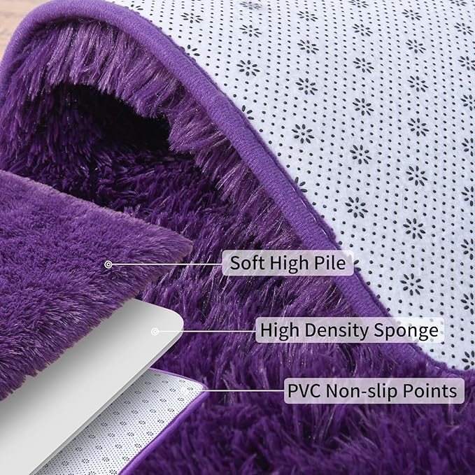Soft Runner Rugs for Bedroom Hallways, 2x6 Purple Fluffy Shag Throw Area Rug Non Slip for Bedside Dorm, Long Shaggy Furry Carpet for Nursery Living Room