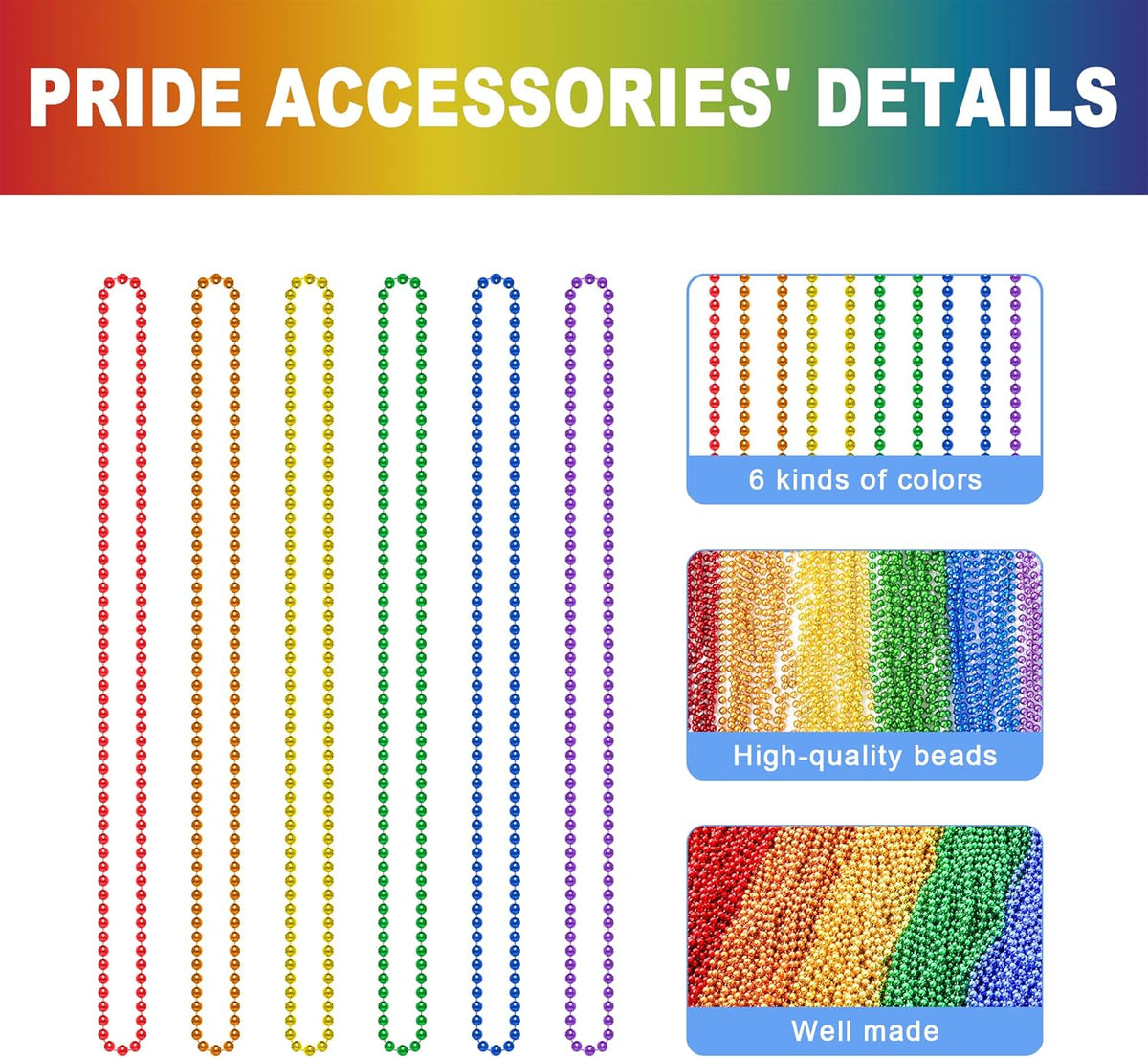 24PCS Pride Necklace Stuff, LGBTQ Beads Pride Accessories, 6 Kinds of Metallic Rainbow Beads Bulk, Gay Lesbian Pride Necklace for Women Men, Costumes Decor for Pride Month Parade Throws Party Favors