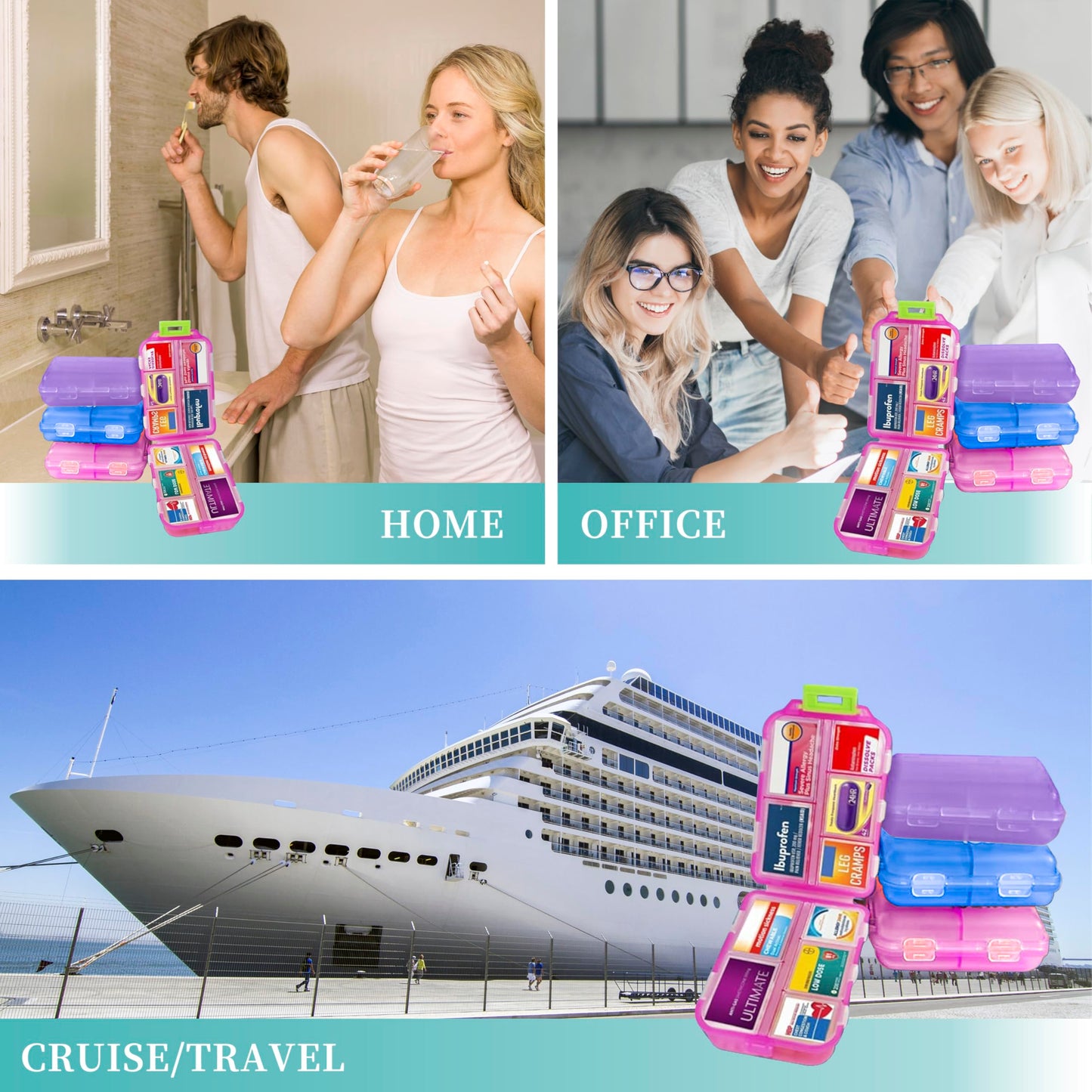 iouwei Large Pill Organizer with Medicine Labels, Travel Daily Pill Container, Mini Medication Organizer, 7-Day Pill Case, Set of 3 (Blue+Pink+Purple)