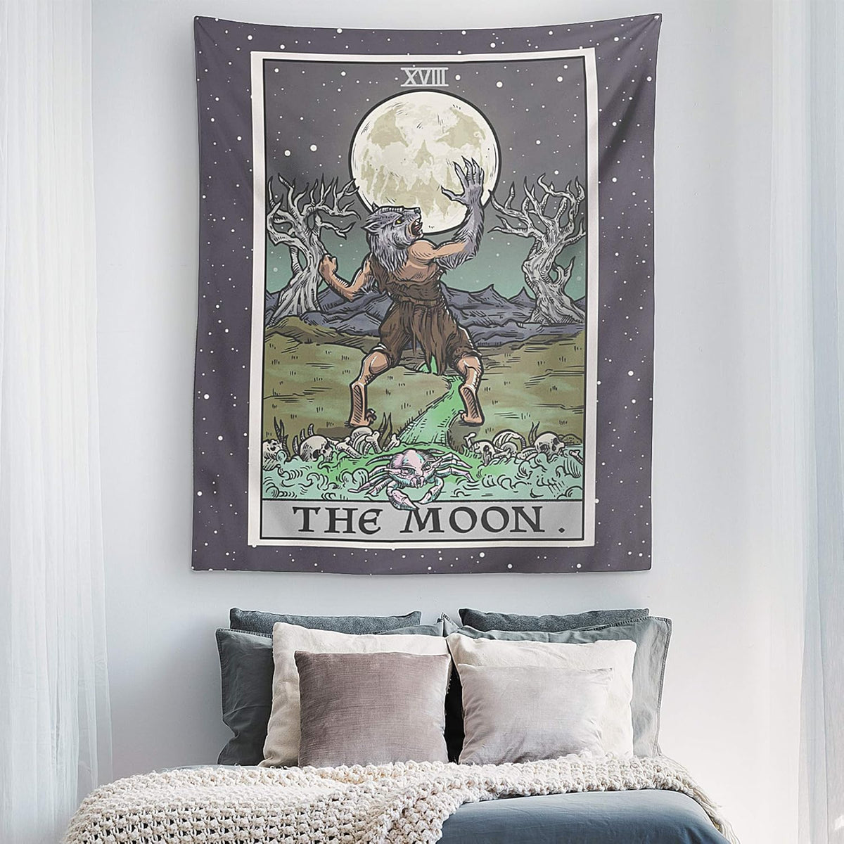 The Moon Tarot Card Tapestry - Werewolf - Gothic Halloween Home Decor Wall Hanging (60" x 50")