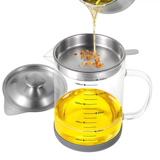 Premium Bacon Grease Saver with Strainer - Large 1.5L Grease Container for Kitchen with Stainless Steel Filter, Used Oil Storage & Bacon Drippings Keeper (50oz, Borosilicate Glass, Non-Slip Base)