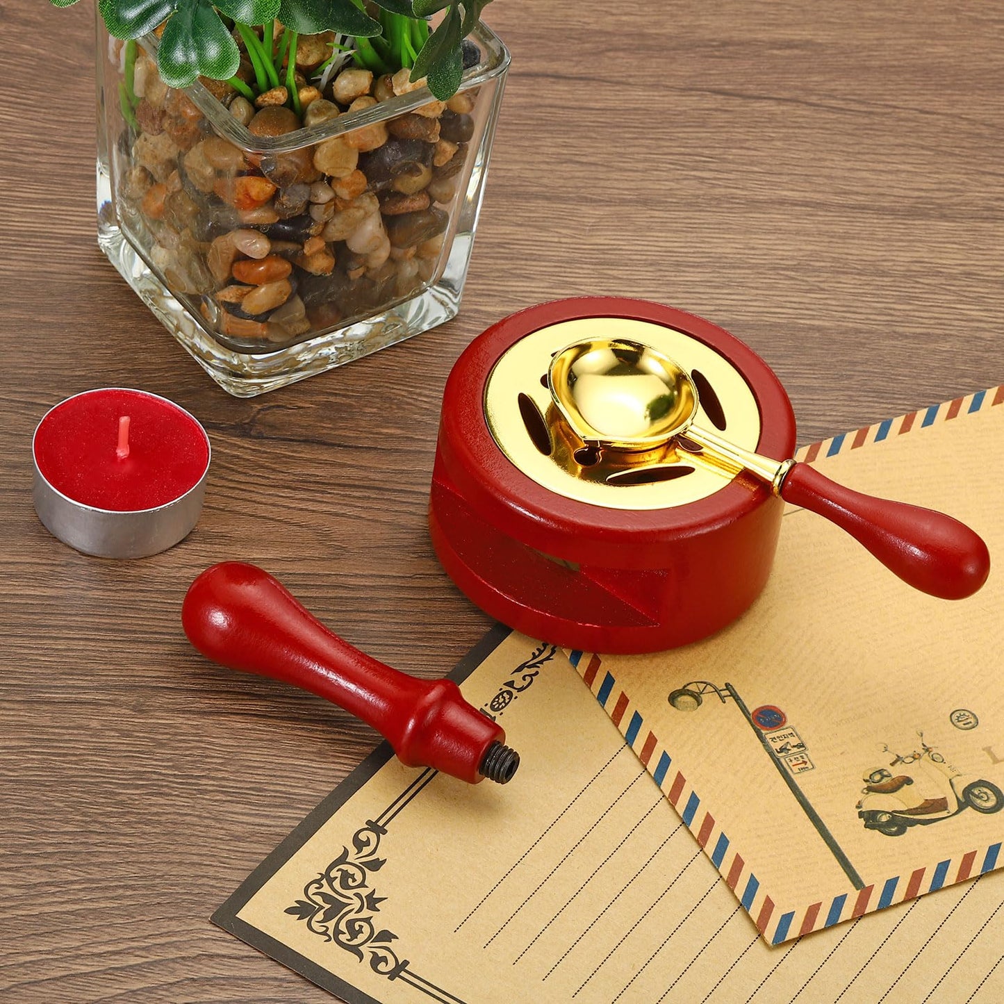 PATIKIL Wax Seal Kit, 2 Set Wax Seal Warmer Melting Spoon Wax Seal Stamp Handle Melt Stove Pot Furnace Tool for Melting Wax Sealing Beads, Red