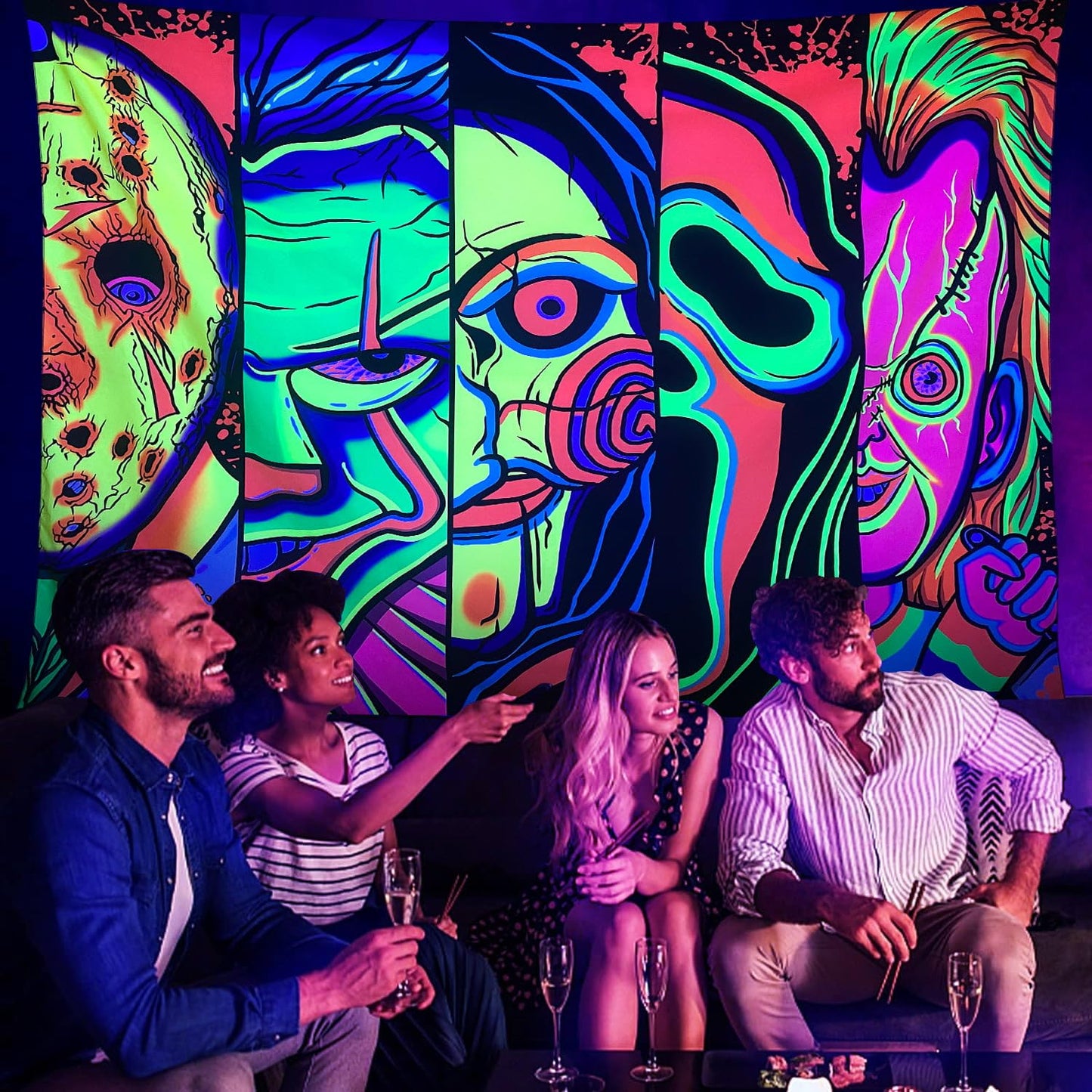 Black Light Art Halloween Wall Decor Trippy Blacklight Horror Face Tapestry, UV Reactive Tapestries Glow in The Dark Party Tapestry for Bedroom, Living Room (51" x 59")