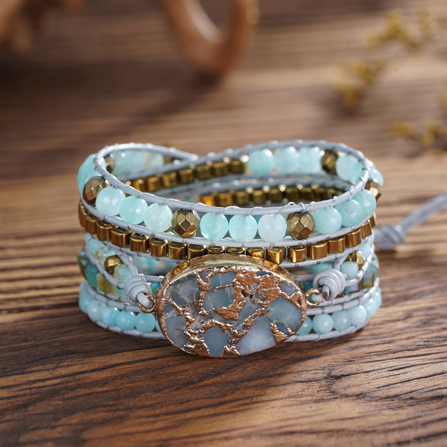 Plumiss Boho Handmade Women Unique Style Amazonite Stone Natural Bead Strand 5 Wrap Stackable Bracelets Jewelry