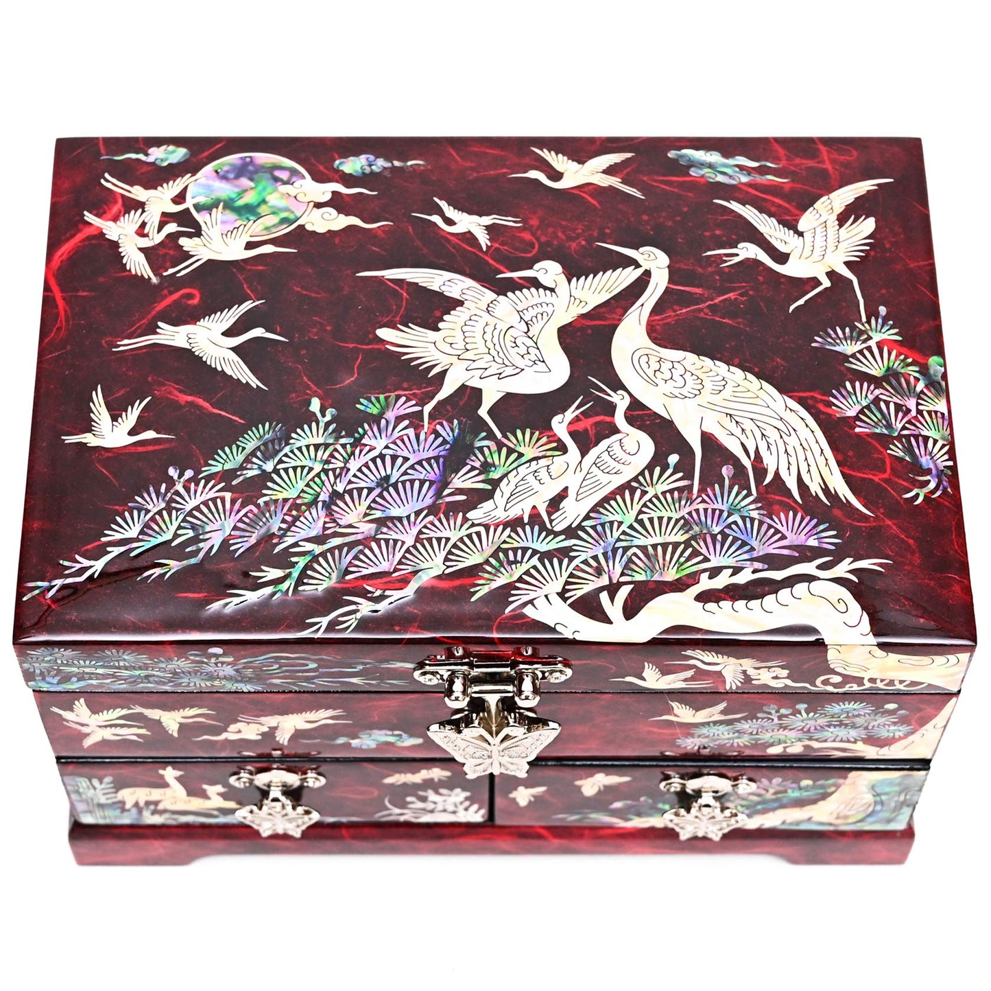 MADDesign Mother of Pearl Lacquered Jewelry Box Two Level Cranes (Red)