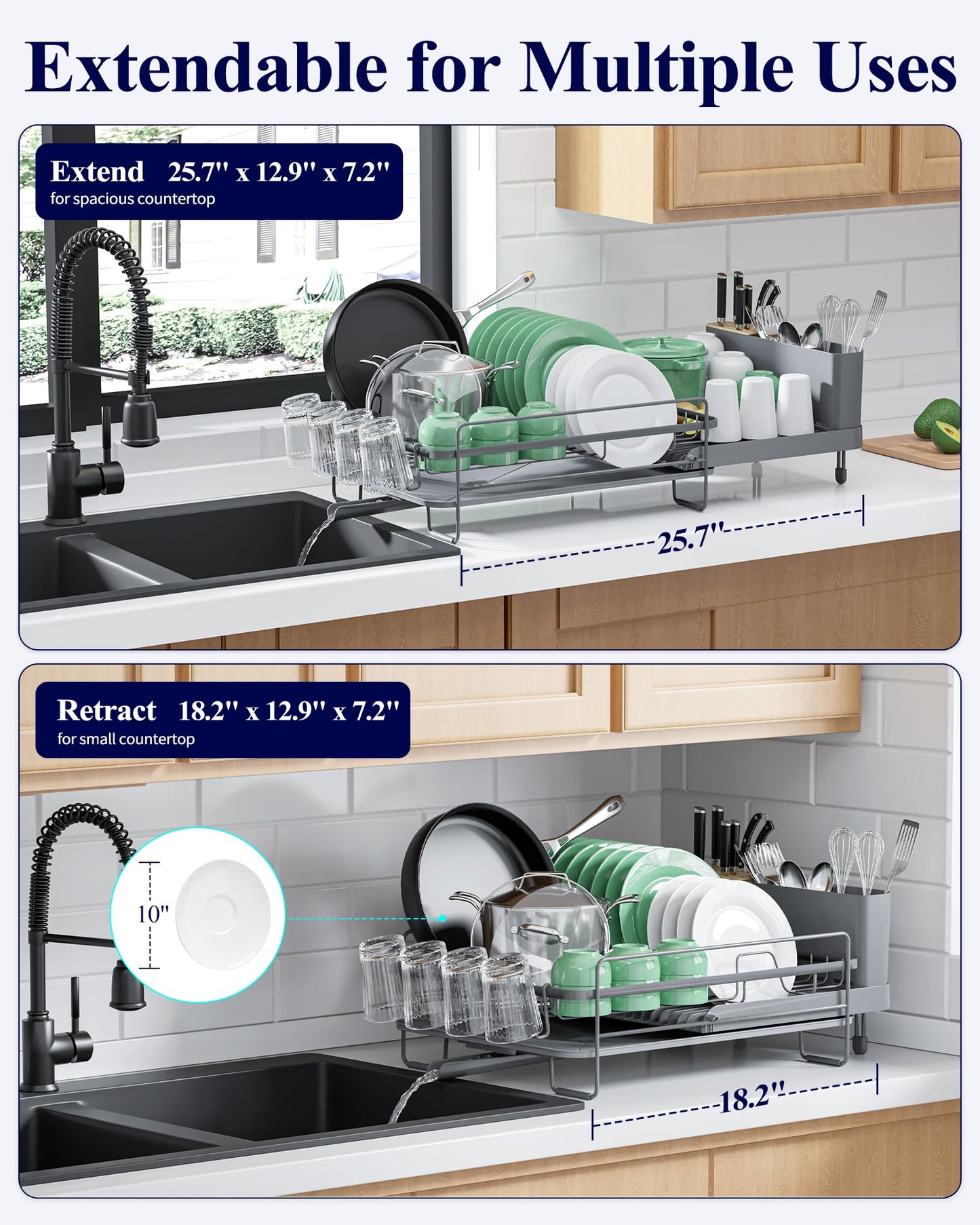 Kitsure Extendable Dish Drying Rack, Large Drying Dish Rack with Cutlery & Cup Holders, Multifunctional Dish Racks for Counter with Drainage, 18.2"-25.7" L x 12.9" W, Grey