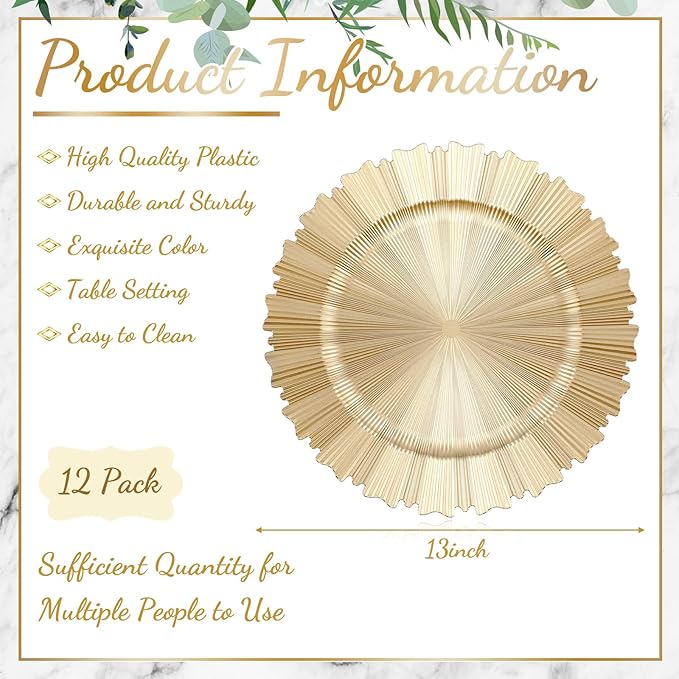 Mifoci 12 Pcs Champagne Gold Charger Plates Bulk 13 Inch Plastic Round Chargers Fluted Edge Dinner Plate Wedding Decoration for Table Setting Wedding Party Event Tabletop