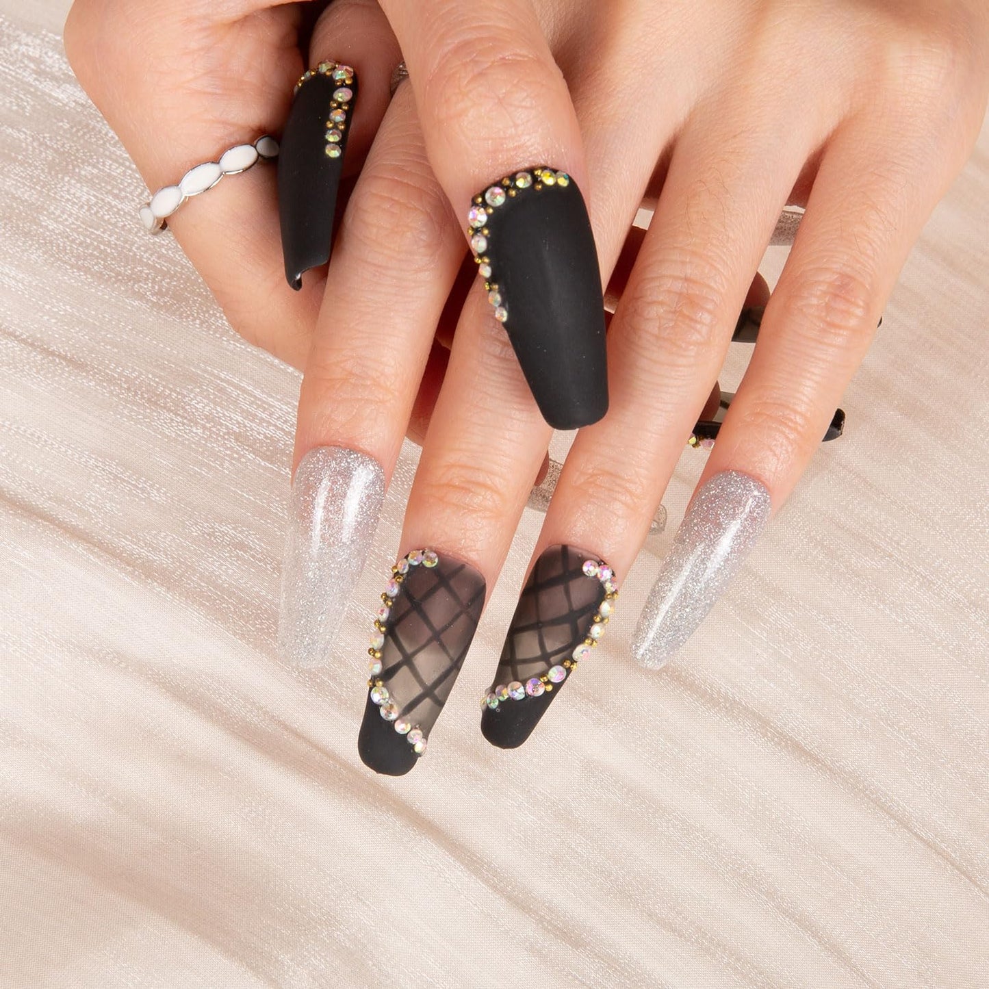 LOVFUL Press on Nails Black Lace | Handmade with Full Covered Crystals | Reusable Full Cover Nails | Coffin Classic Regular 1.3 in | H114-L