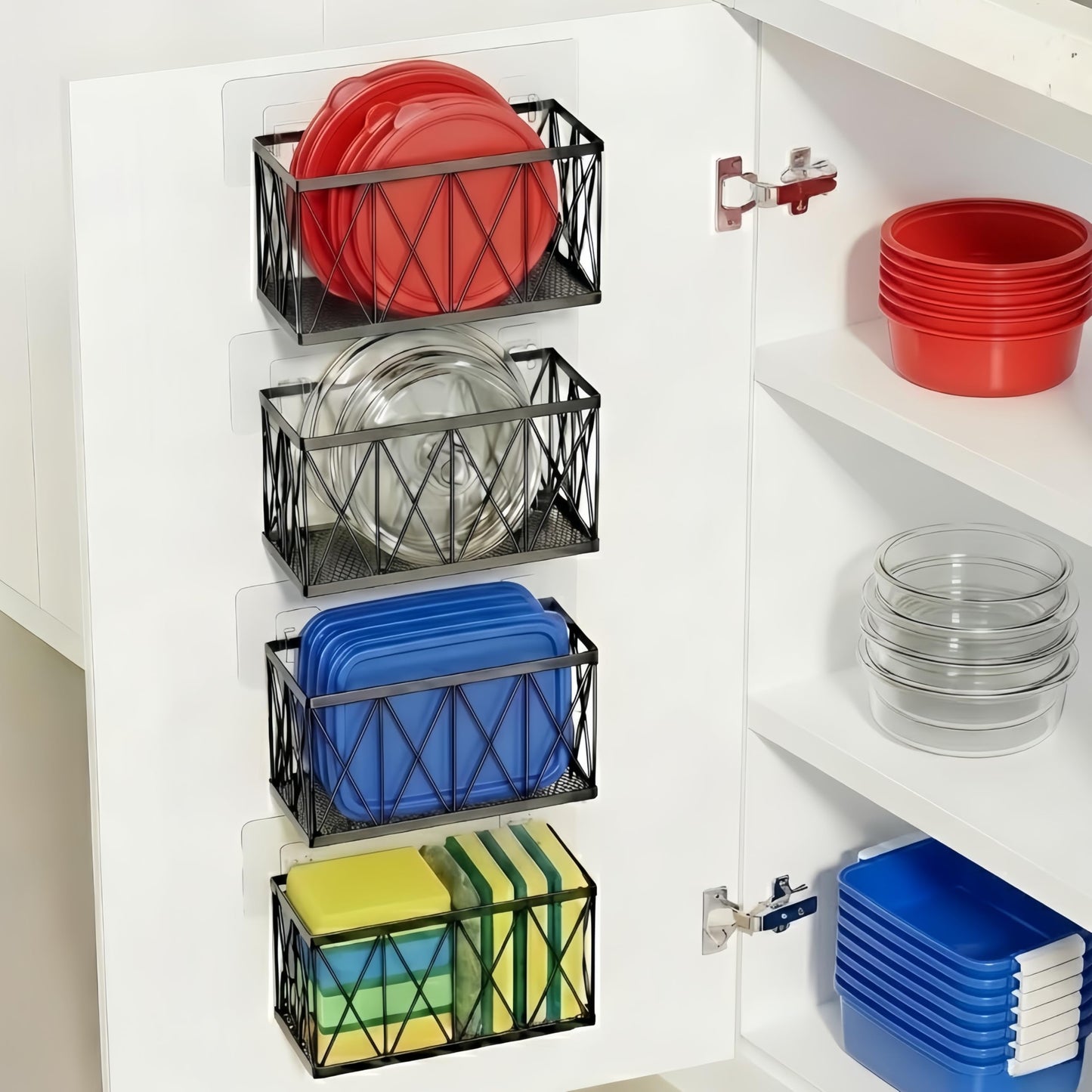 MIXISAV 4 Pack Cabinet Door Organizer, Adhesive Inside Cabinet Door Storage for Kitchen Bathroom, Lid Organizer Compatible with Tupperware Pyrex, Wall Mounted Basket for Pantry Under Sink, Black
